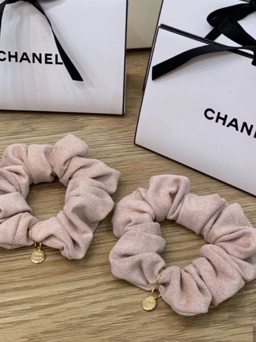GWP Chanel Light Beige Fabric Scrunchie Duo with Logo Charms